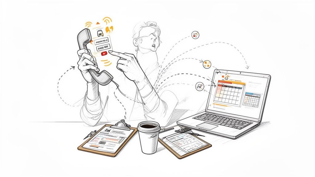 A person in a sketch holds a phone with a digital interface, managing tasks on a laptop displaying calendars and data.