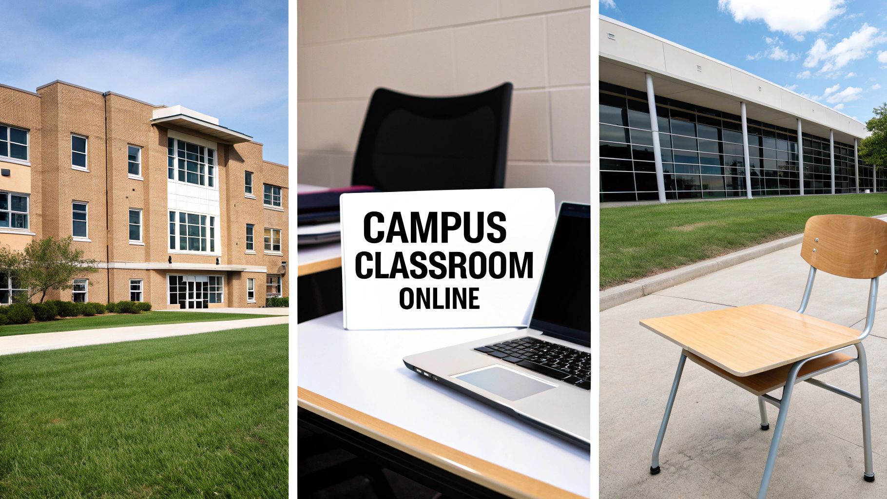 A triptych showing a university building, a classroom with a 'CAMPUS CLASSROOM ONLINE' sign, and an outdoor school desk.