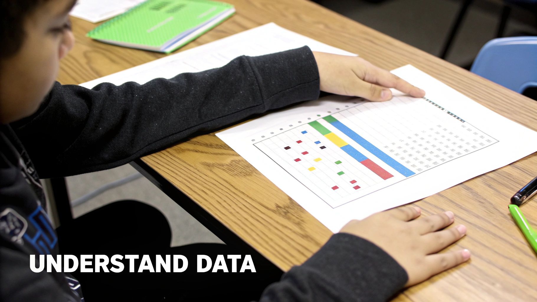 A student's hands examine a colorful data chart on a desk, demonstrating data understanding.