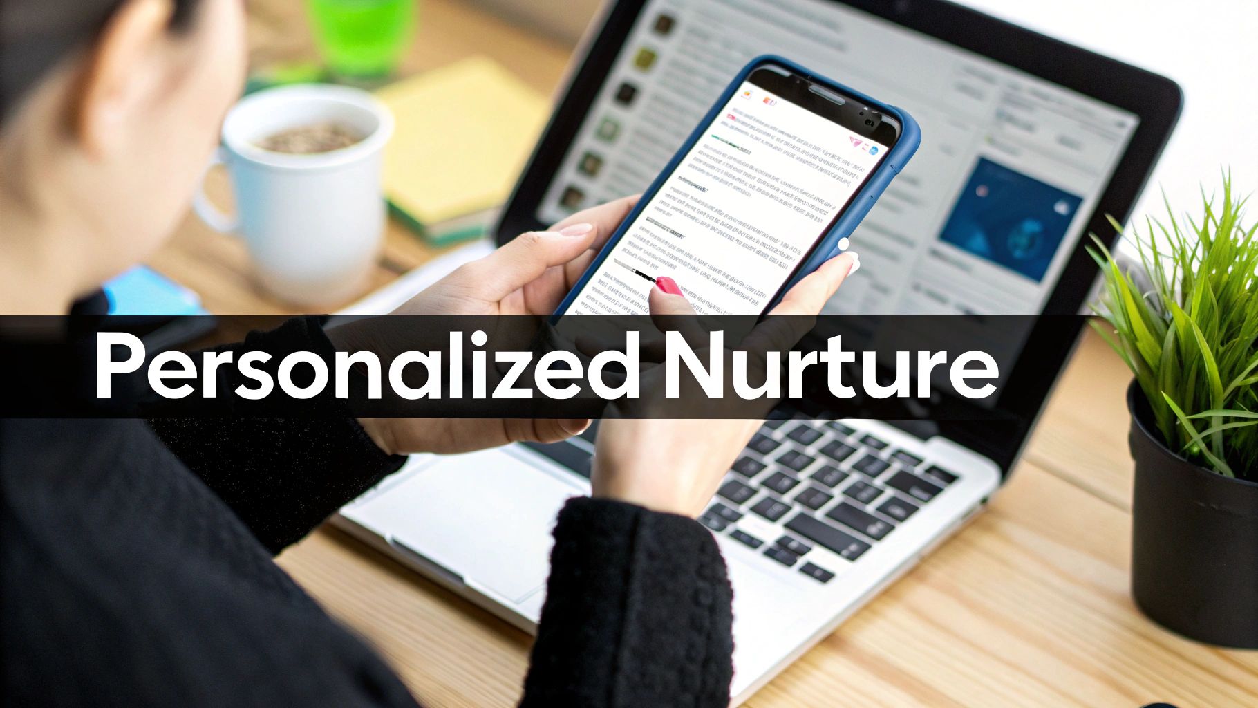 Person using a smartphone and laptop on a wooden desk with text 'Personalized Nurture'.