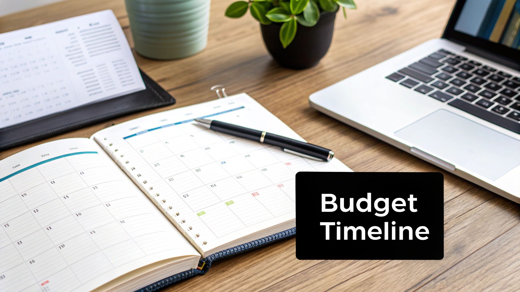 A professional desk setup featuring an open planner, laptop, and a 'Budget Timeline' text box.