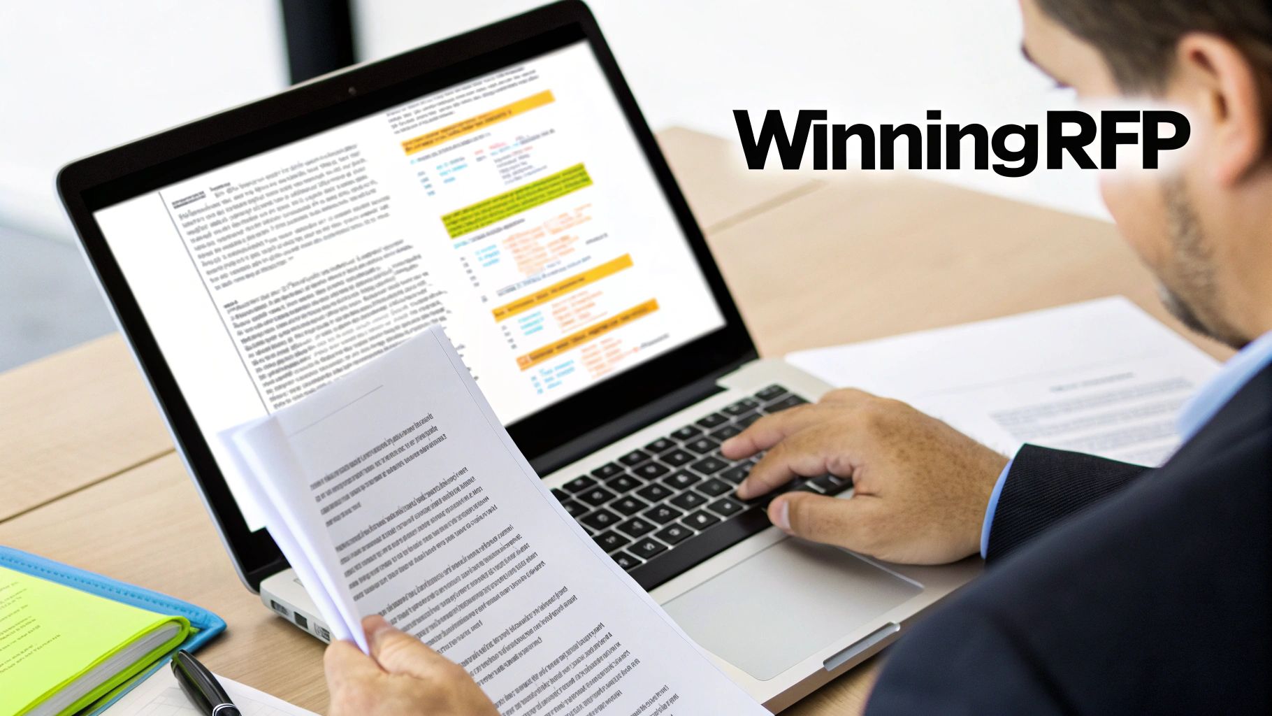 A person in a business suit works on a laptop, reviewing documents with 'WinningRFP' on screen.