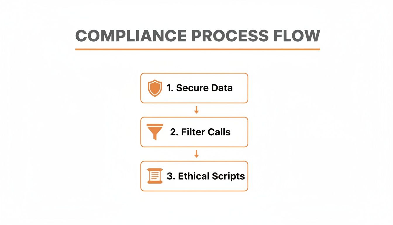 A compliance process flow chart showing three steps: 1. Secure Data, 2. Filter Calls, 3. Ethical Scripts.