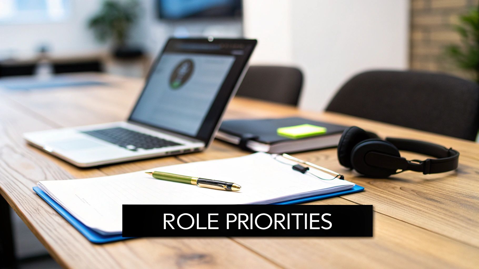 A laptop, notebook, pen on a clipboard, and headphones on a wooden office desk.