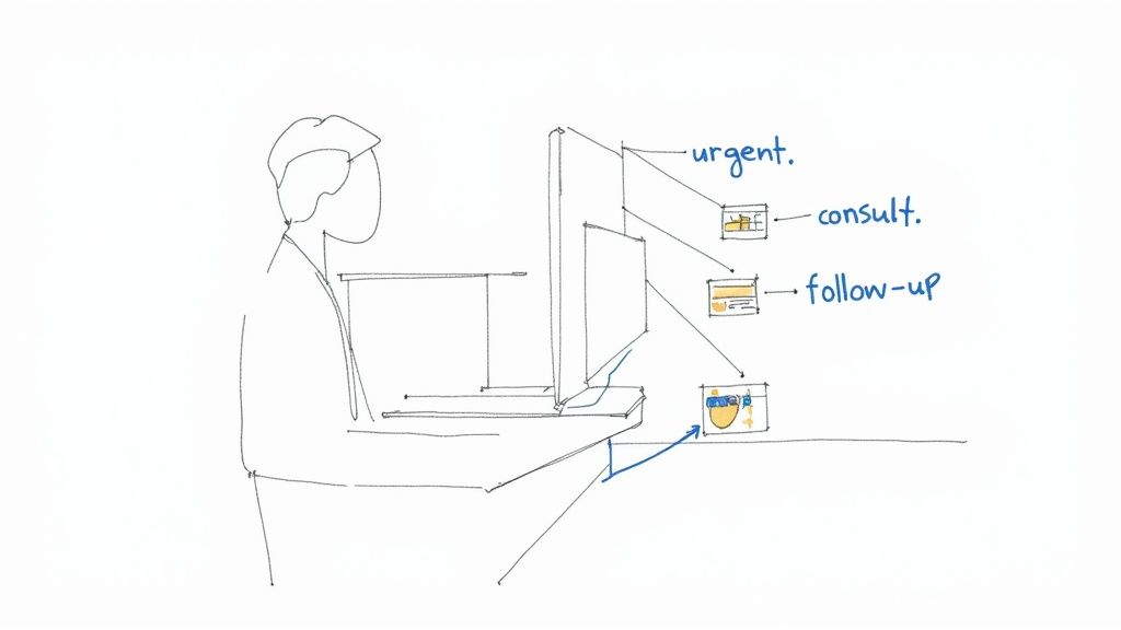 A sketch of a person at a desk with a computer, visualizing urgent, consult, and follow-up tasks.