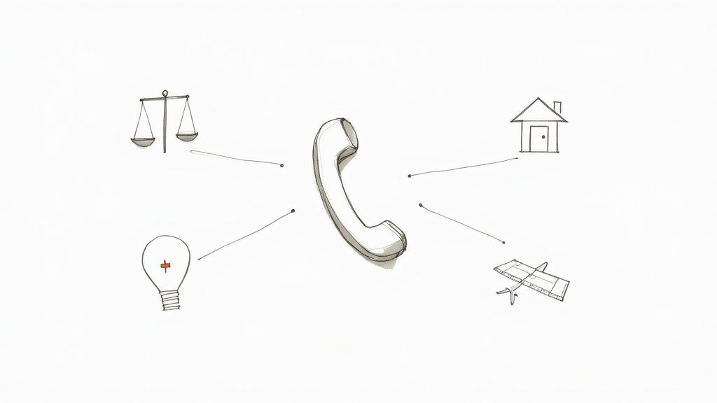 A phone receiver connecting to symbols of justice, home, ideas, and travel, illustrating diverse service connections.