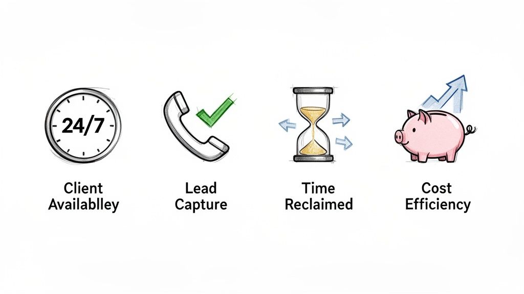 Four icons representing business benefits: 24/7 client availability, lead capture, time reclaimed, and cost efficiency.