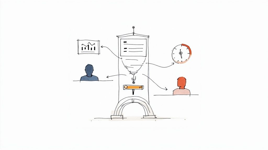 A hand-drawn diagram illustrating a process flow, funneling information, data, and time to two user profiles.