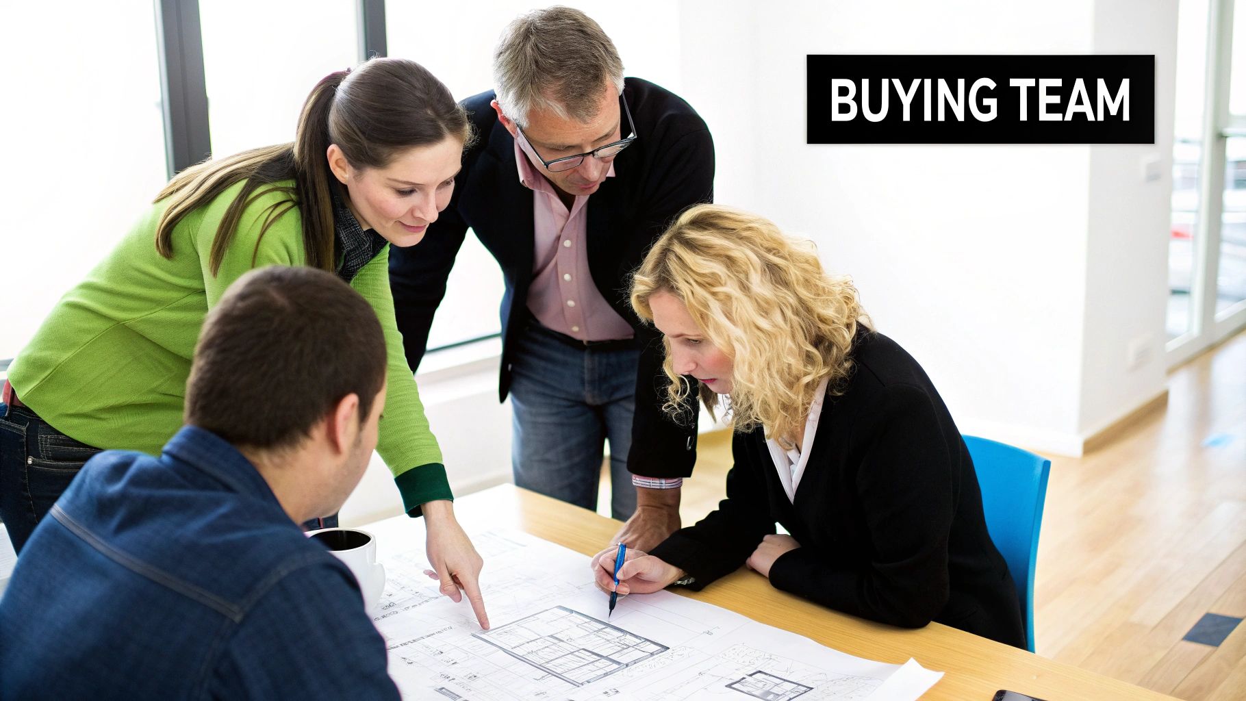 A buying team of four people collaboratively reviewing architectural plans on a table.