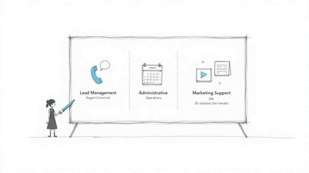 A cartoon woman points to a whiteboard illustrating lead management, administrative, and marketing support functions.