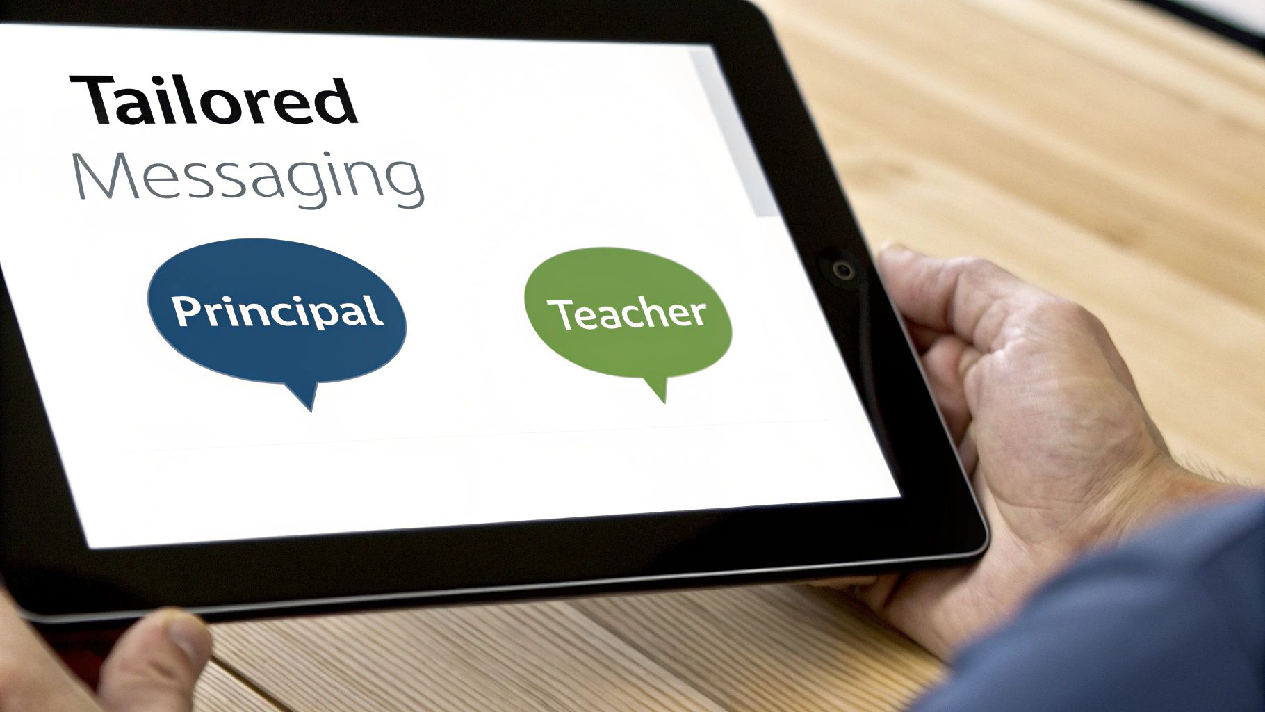 Close-up of a tablet screen displaying tailored messaging options for school principals and teachers.