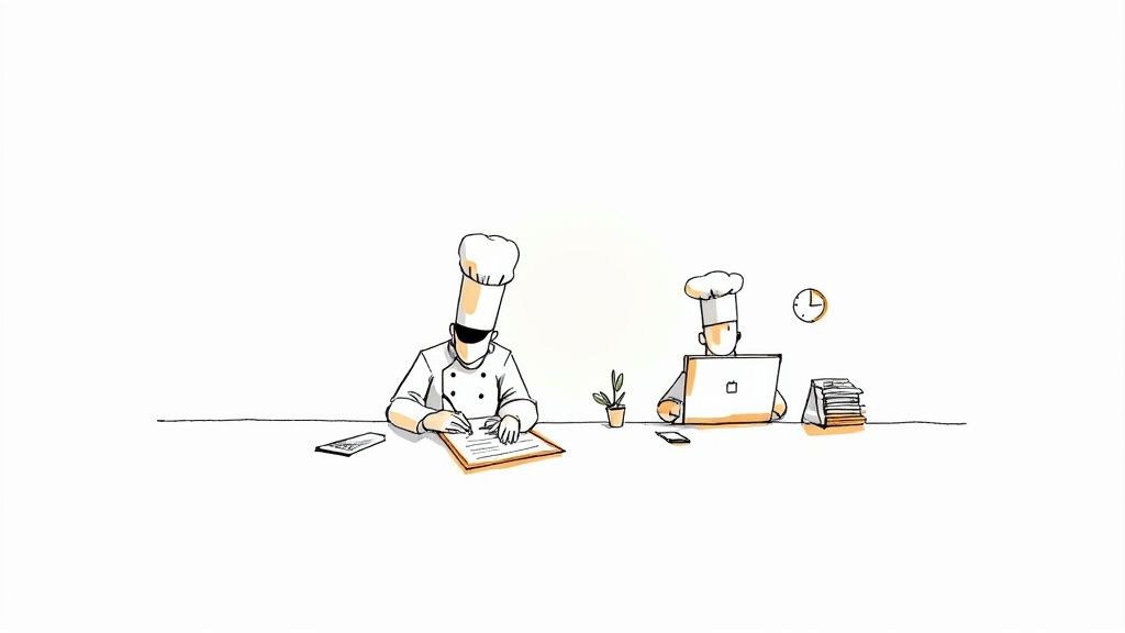 Two cartoon chefs working at a table, one writing on a clipboard, the other using a laptop.