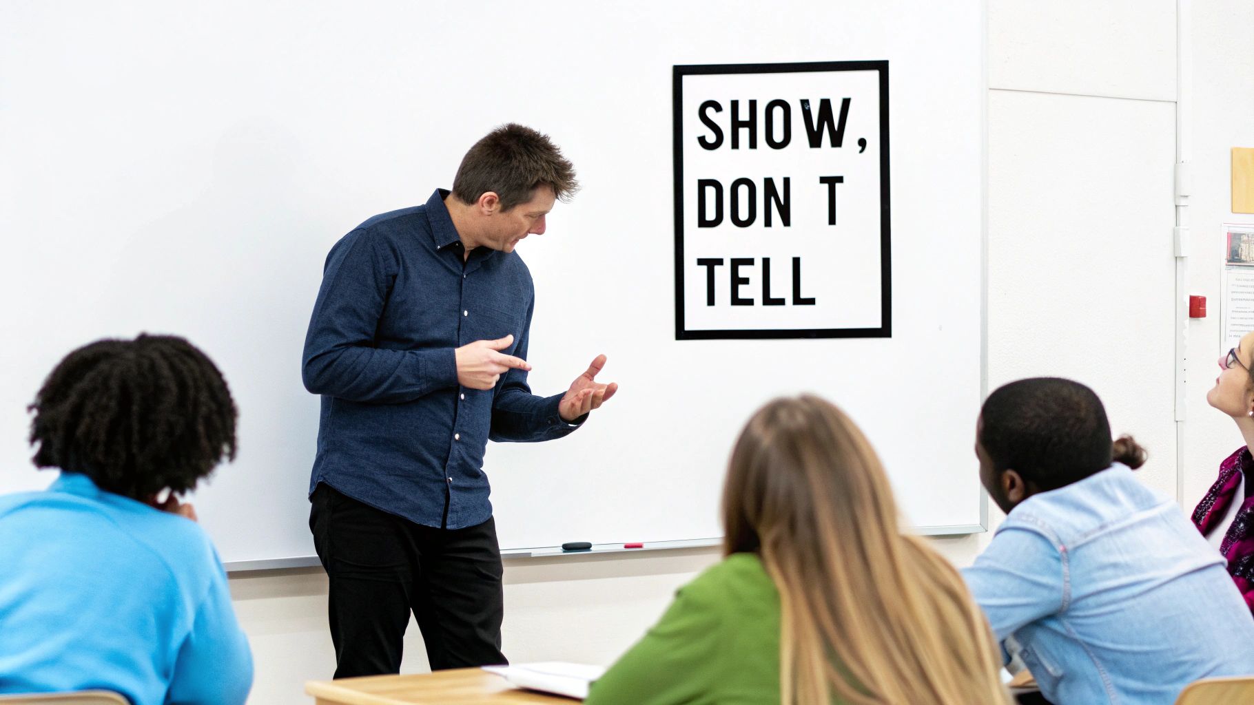 A male teacher actively instructs students in a classroom, emphasizing 'Show, Don't Tell' on a whiteboard.