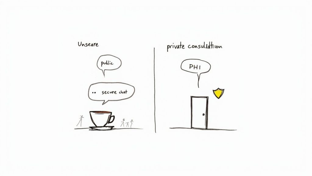 A cartoon comparing unsecure public and secure chats with a private, shielded consultation for PHI.