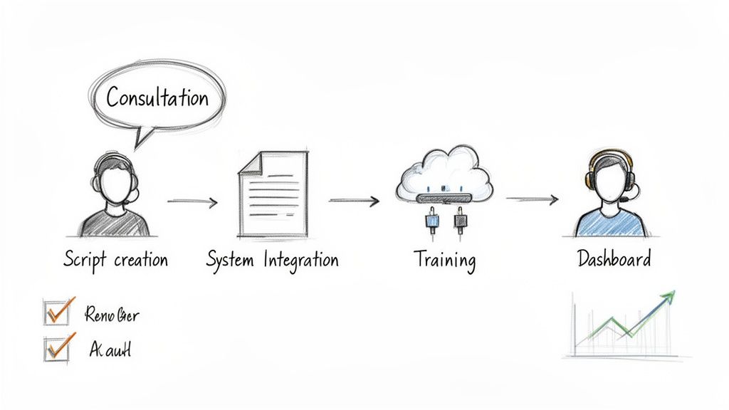 A diagram illustrates the steps for a 24/7 call answering service, from consultation to dashboard.