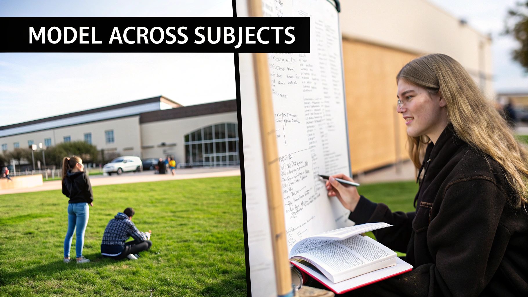 A student writes on a whiteboard outdoors while another reads on the grass, illustrating learning.