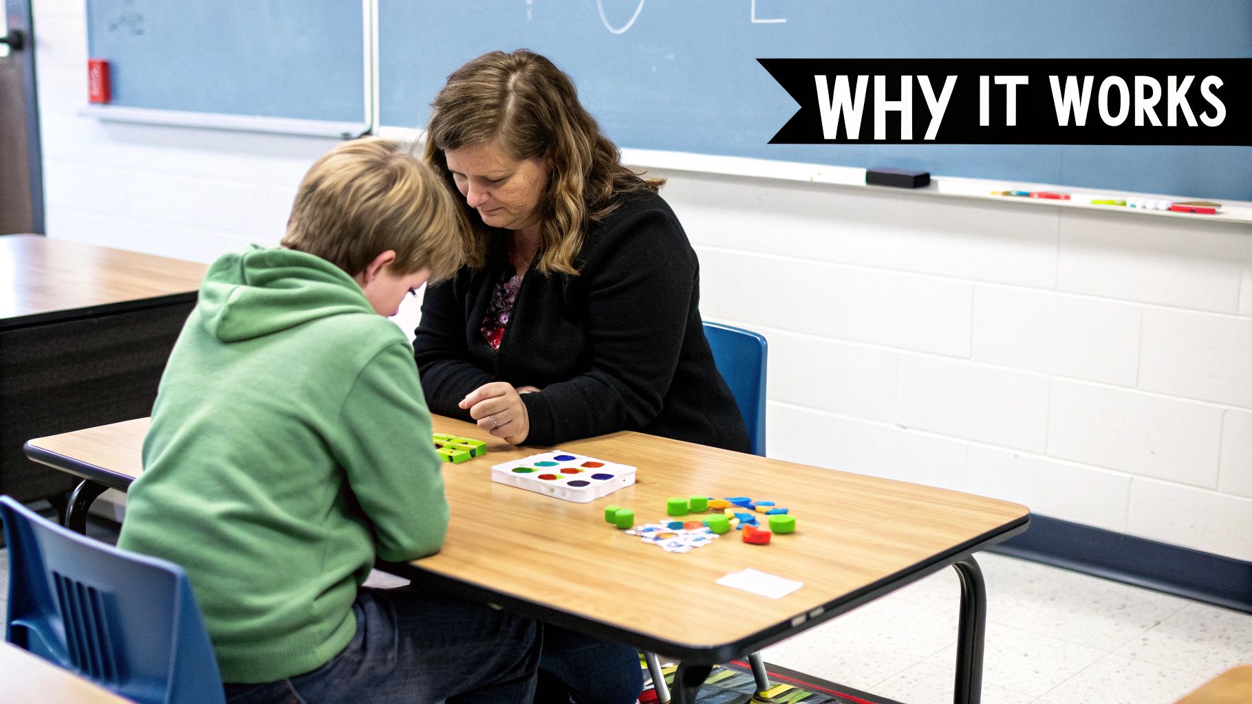A teacher and student at a table learning with colorful math manipulatives in a classroom.