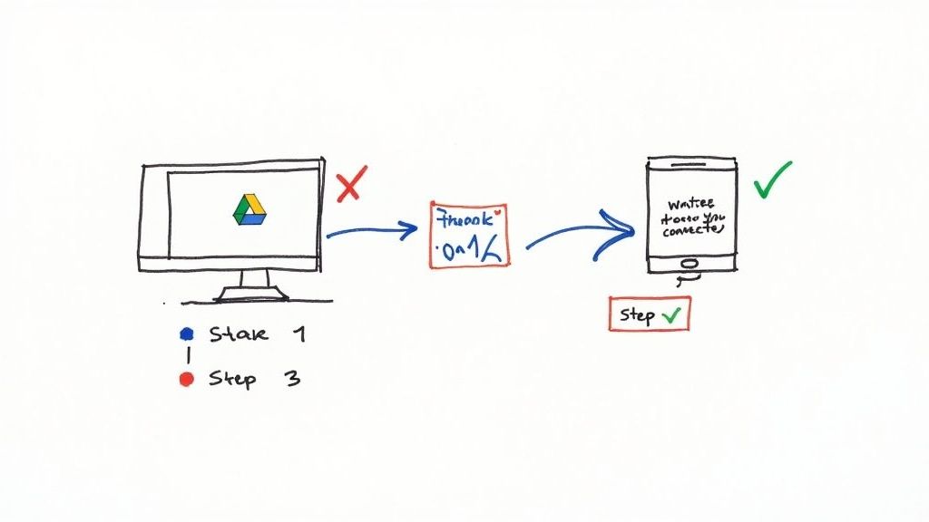 A hand-drawn diagram illustrating a connection flow from a Google Drive enabled computer to a smartphone.
