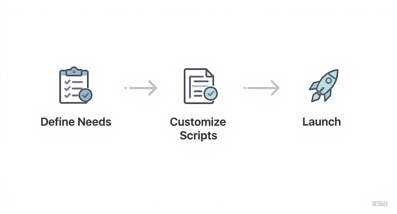 A three-step process diagram with icons: Define Needs, Customize Scripts, and Launch, connected by arrows.