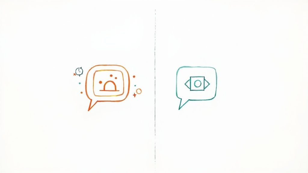 Two colorful speech bubbles with distinct abstract icons, divided by a vertical line, representing different concepts.