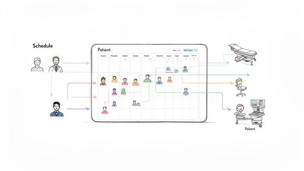 Flowchart illustrating medical patient scheduling on a tablet with connections to various medical resources.