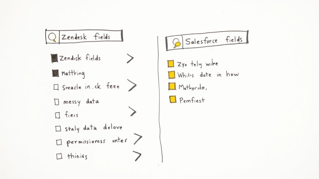 Hand-drawn sketch comparing Zendesk fields and Salesforce fields, showing data mapping and selection.