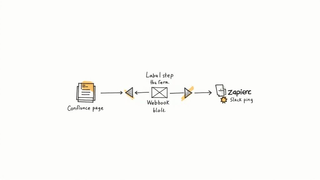 A hand-drawn diagram showing a Confluence page triggering a Zapier Slack ping via a Webhook.