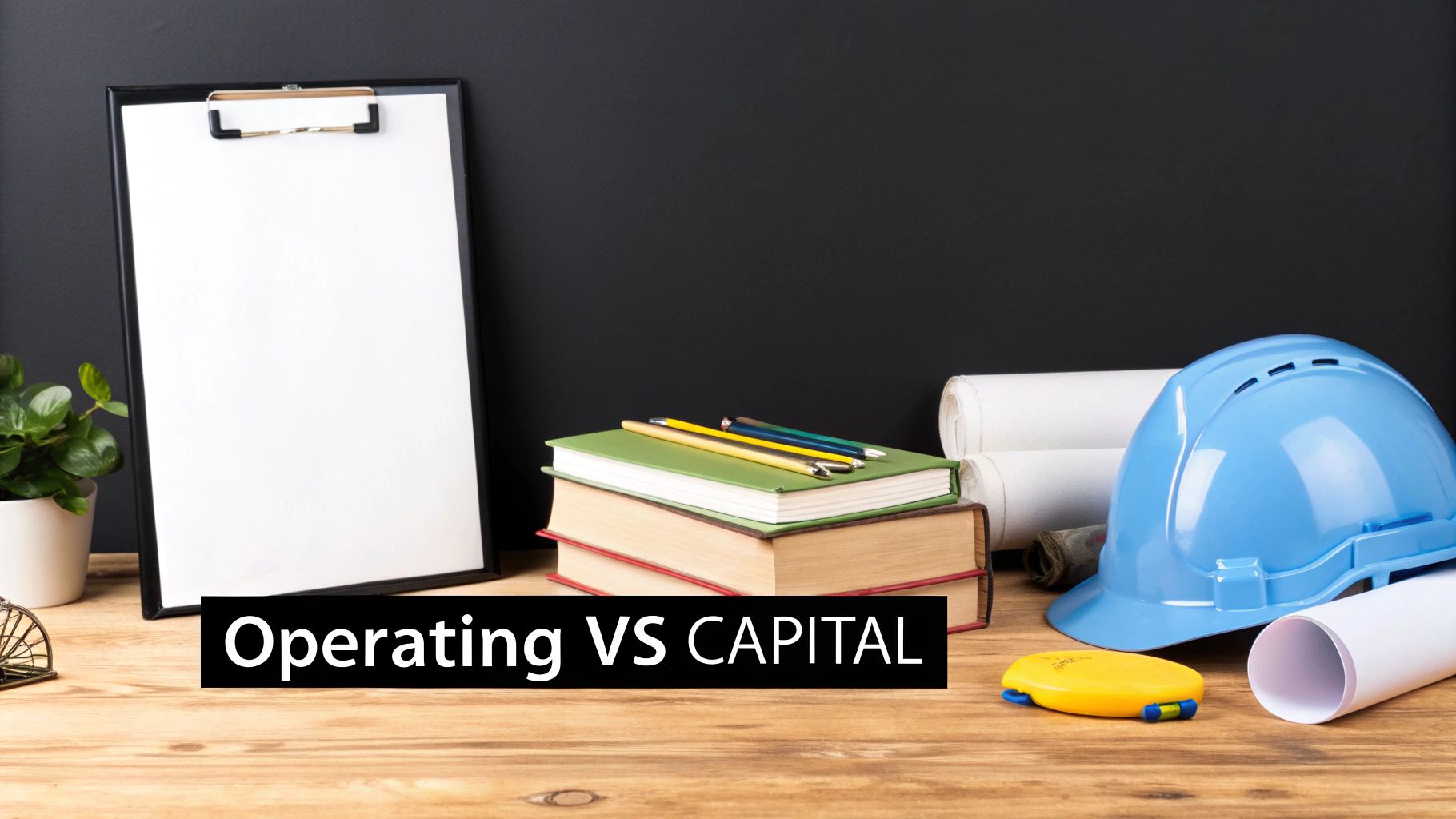 A desk with a blank clipboard, books, pencils, a blue hard hat, and rolled blueprints, highlighting 'Operating VS CAPITAL'.