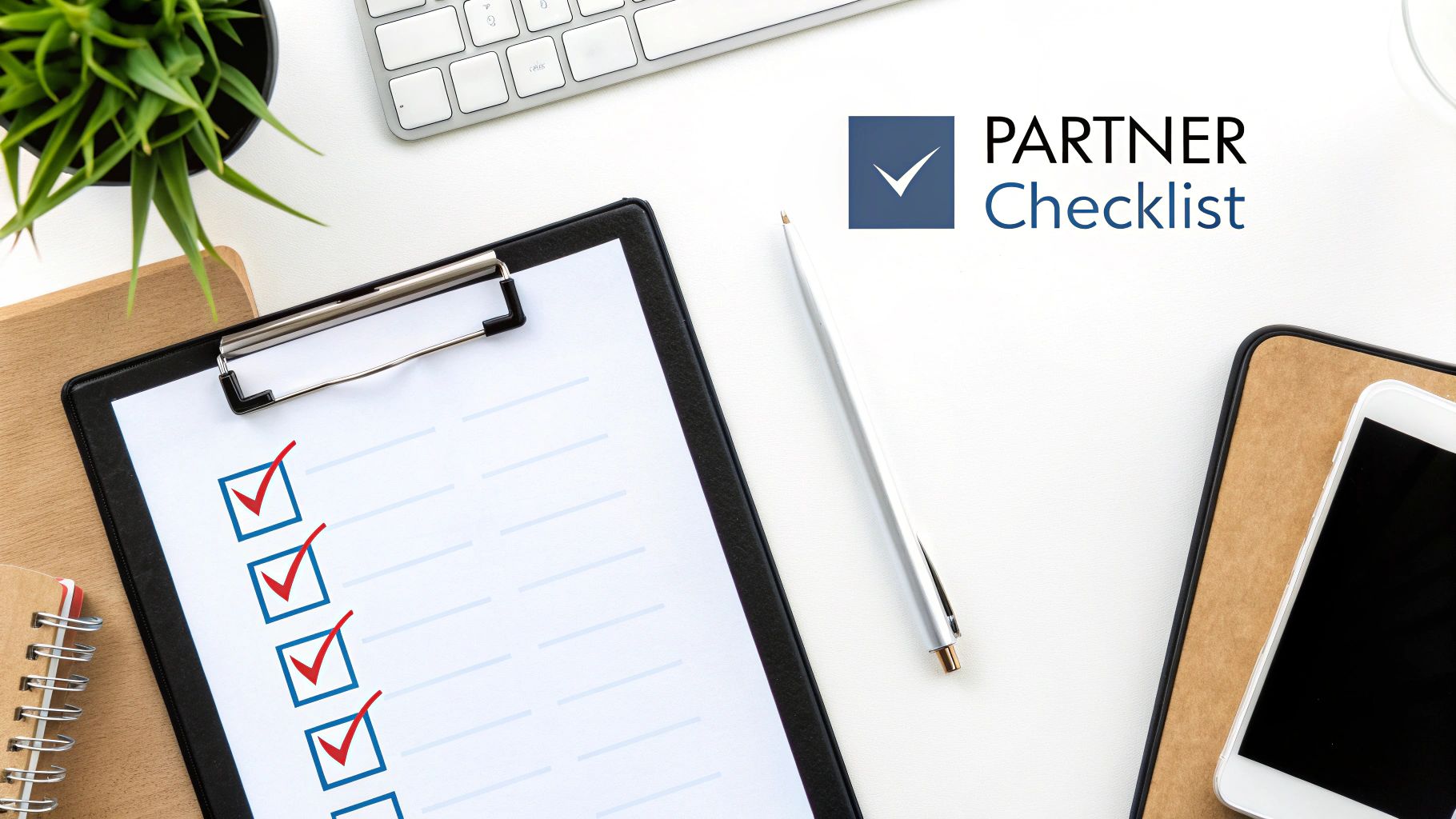 Flat lay of a desk with a 'Partner Checklist' on a clipboard, showing several items checked off, alongside a pen.