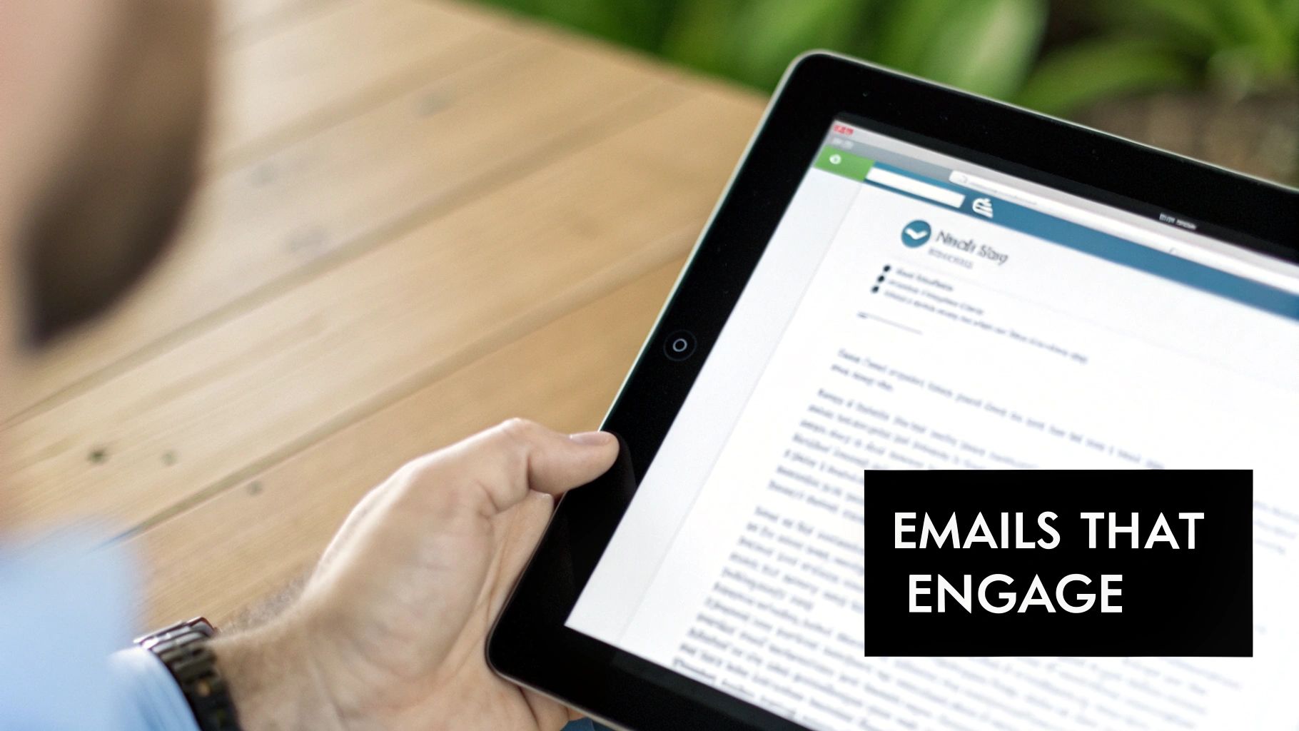 A person holding a tablet displaying an email interface, with text 'EMAILS THAT ENGAGE' on the screen.