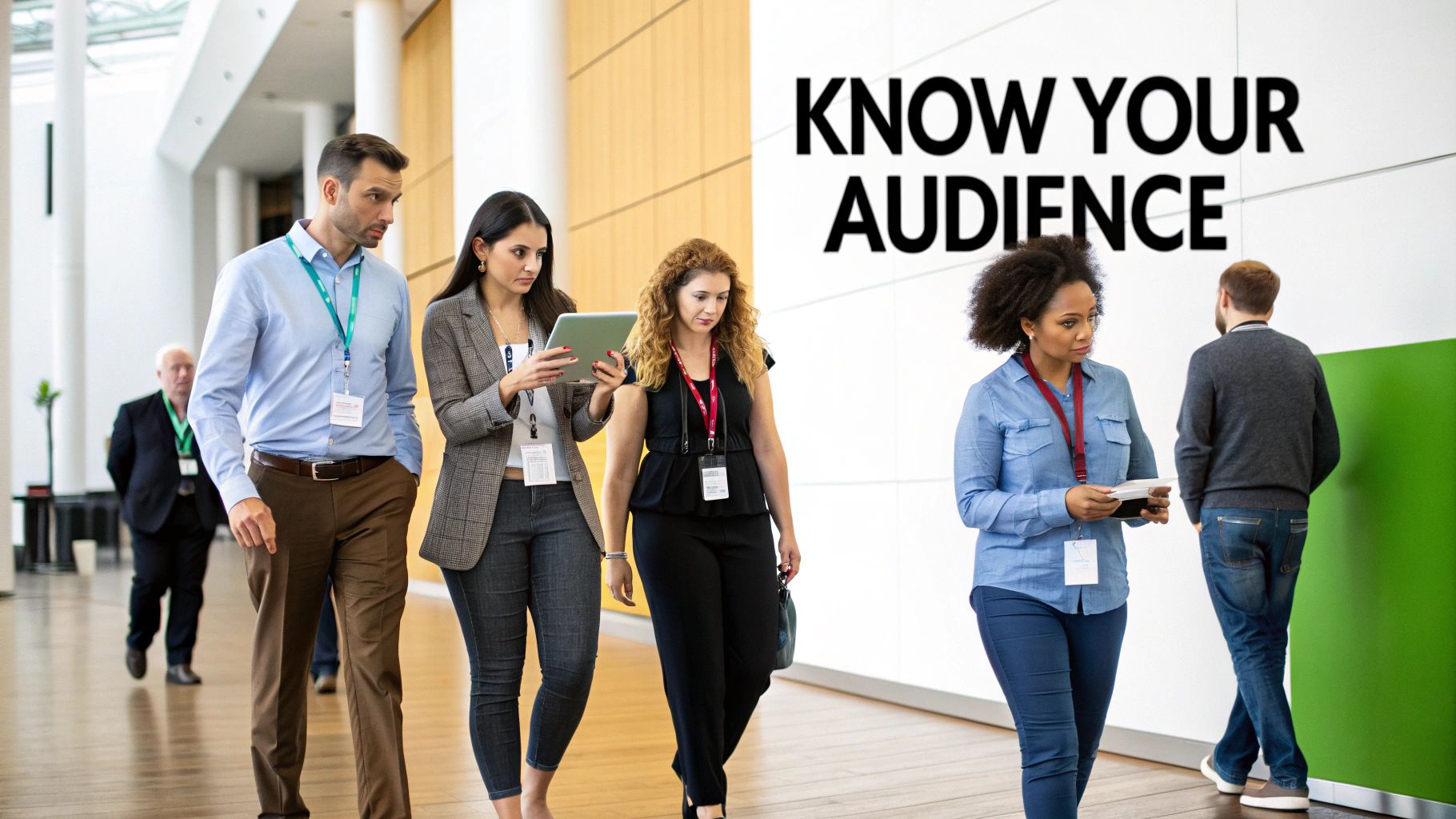 Diverse professionals walk through a modern conference hall, some with lanyards, one using a tablet.