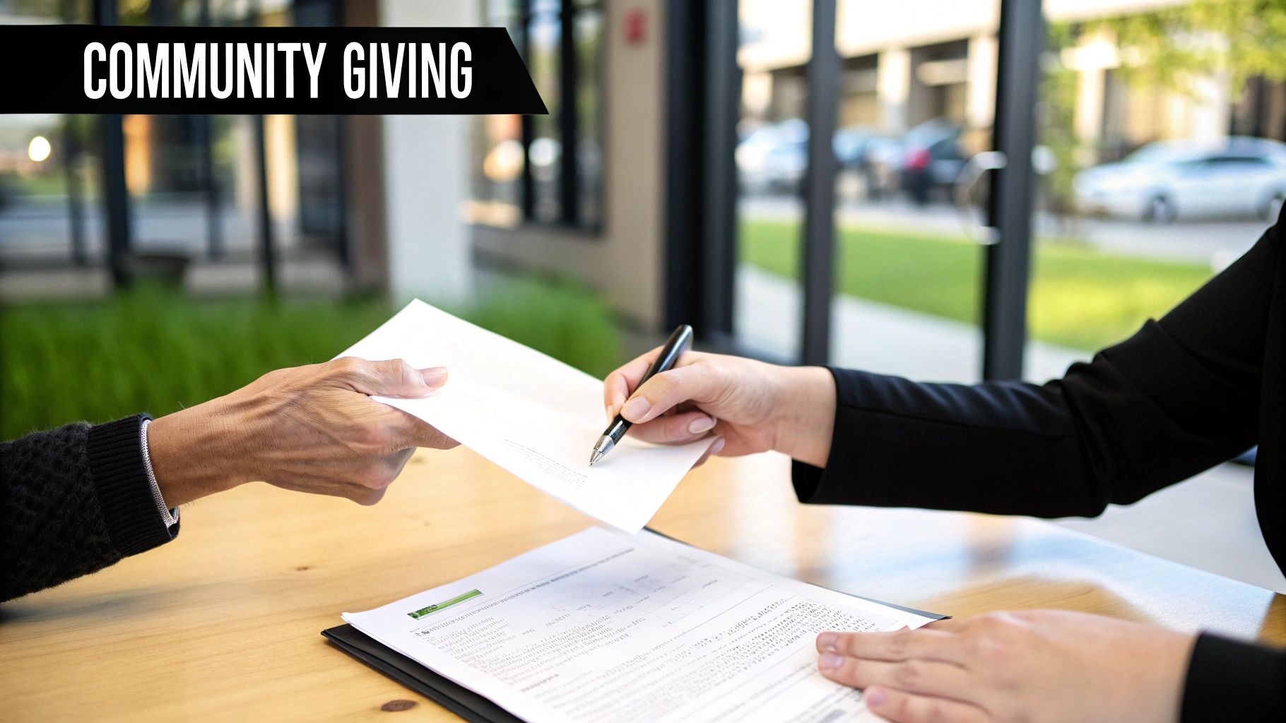 Two people exchanging a document at a table, with one person signing it. Text: 'Community Giving'.