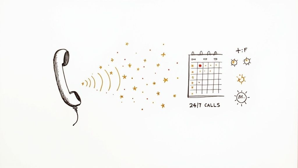 A doodle showing phone communication, 24/7 calendar availability, and various sun-like service icons.