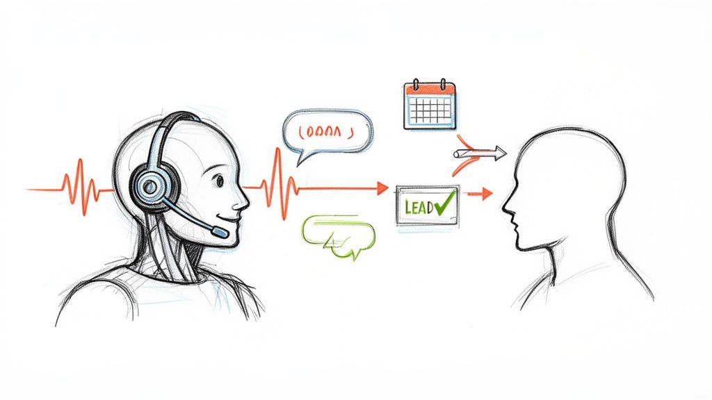 AI assistant with headset processing speech, scheduling, and generating leads for a human.