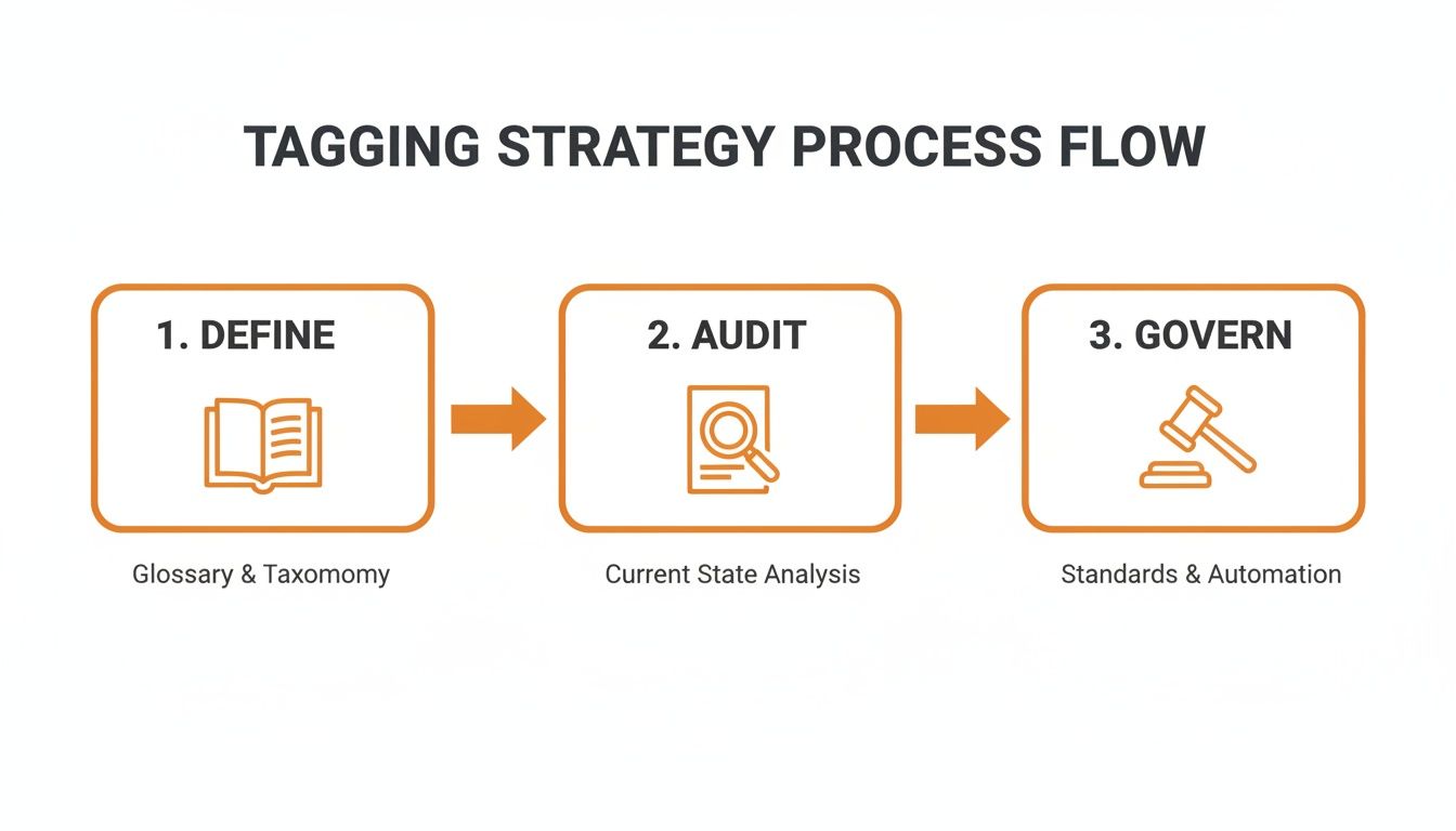A flowchart illustrating a tagging strategy process flow with three steps: Define, Audit, and Govern.