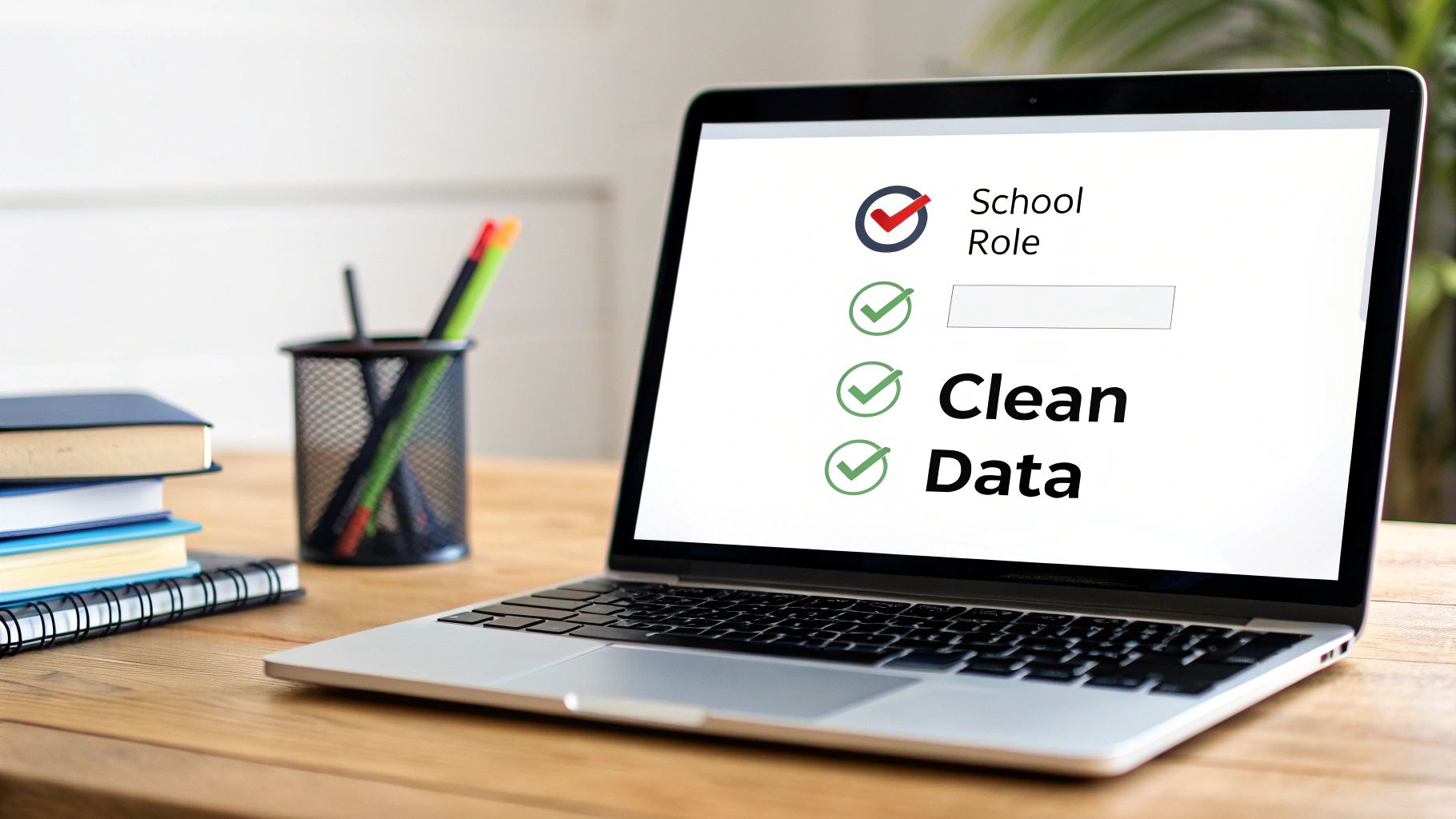 Laptop screen showing a checklist with 'School Role' and 'Clean Data', next to books and pencils.