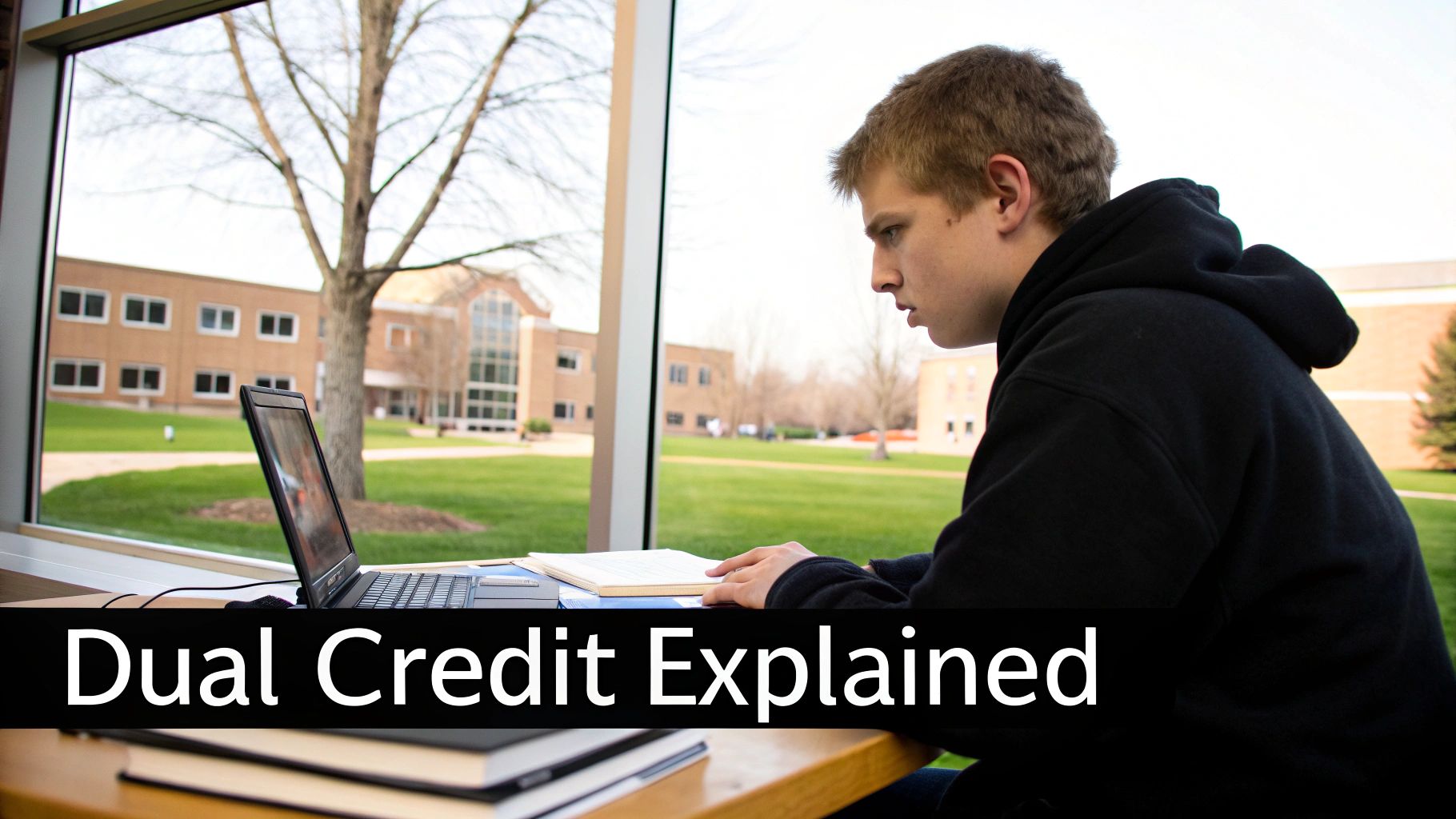 A male student in a black hoodie studies with a laptop and books by a window overlooking a college campus.