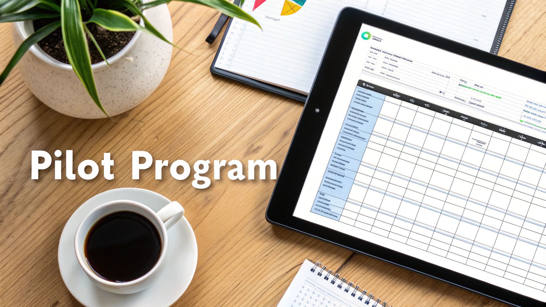 A wooden desk with a plant, coffee cup, notebook, and a tablet showing a spreadsheet for a pilot program.