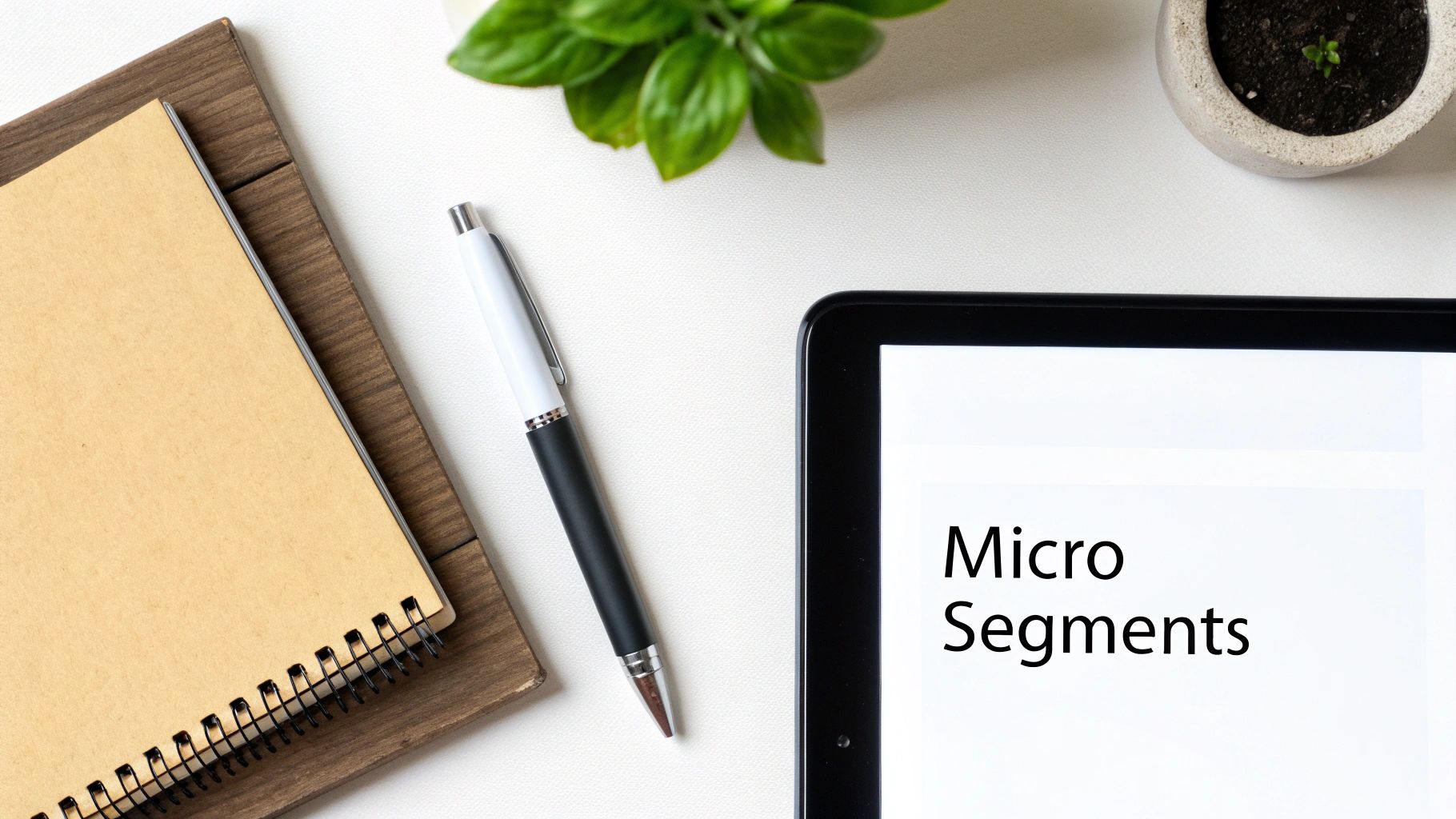 Overhead view of a desk with a notebook, pen, plant, and tablet displaying 'Micro Segments'.