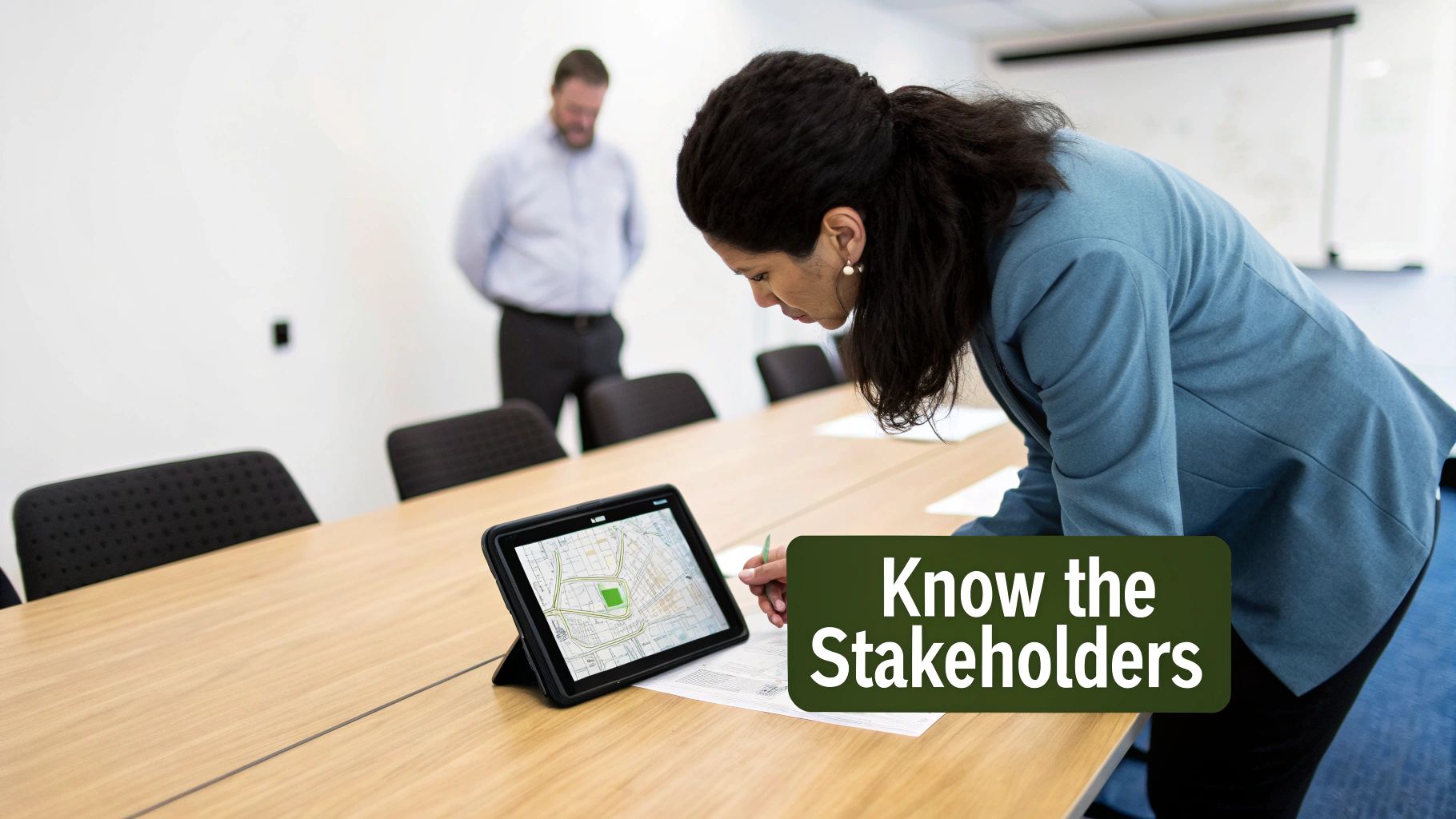A businesswoman reviews a map on a tablet during a meeting, with text 'Know the Stakeholders'.
