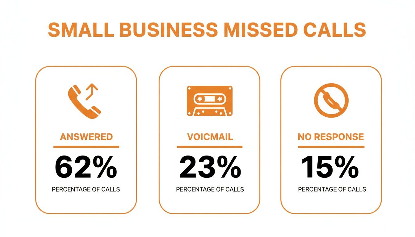 Infographic showing small business call handling statistics: 62% answered, 23% went to voicemail, and 15% received no response.