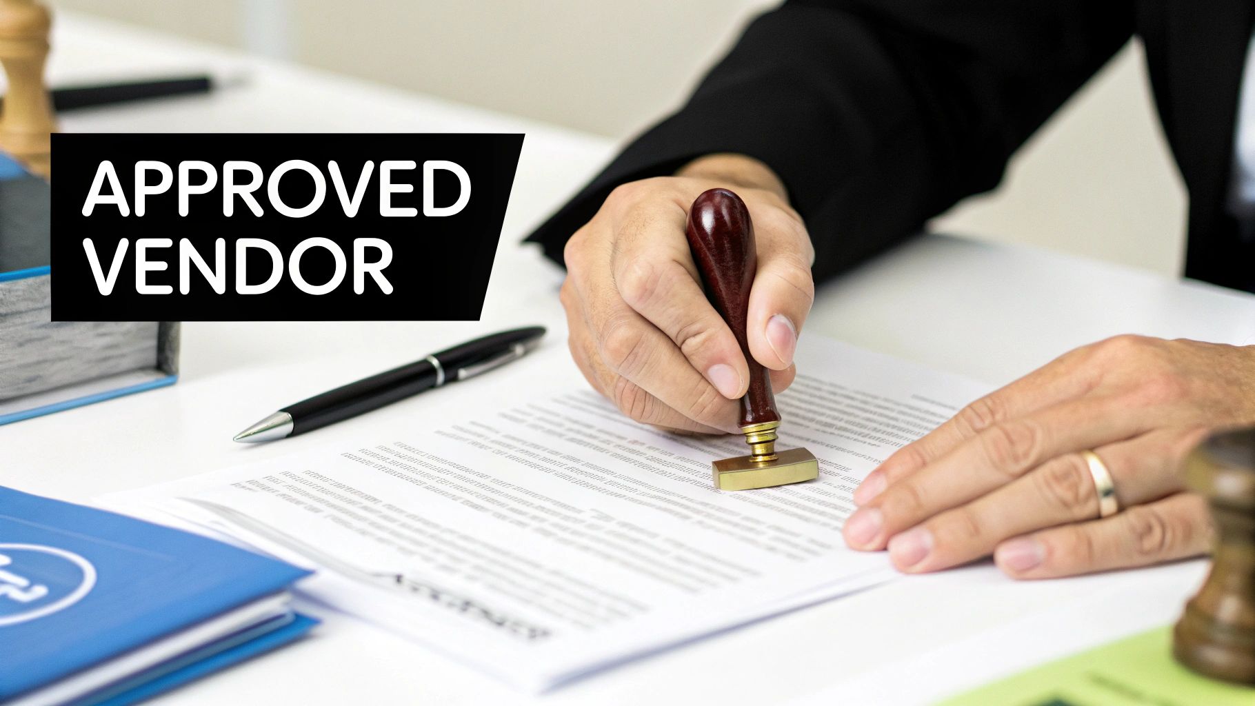 Close-up of hands stamping 'APPROVED VENDOR' on a business document with a wooden stamp.