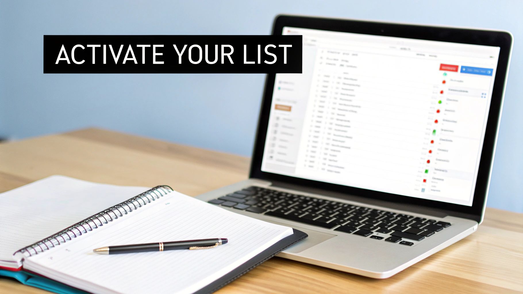 A laptop, open notebook, and pen on a wooden desk, with a black banner reading 'ACTIVATE YOUR LIST'.
