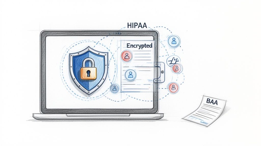 Laptop screen showing HIPAA data encryption with a shield, padlock, and BAA document.