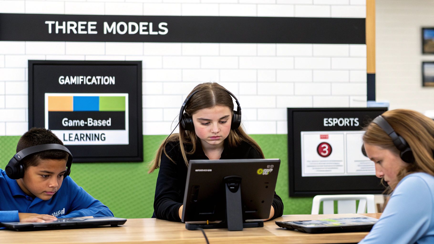 Three students with headphones use tablets at desks in a classroom with signs about game-based learning and esports.