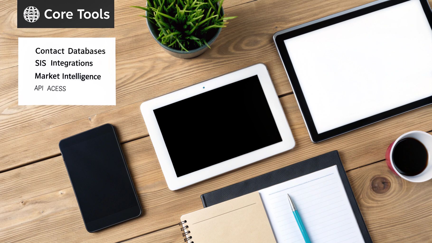 Overhead view of a modern digital workspace with tablets, phone, coffee, and core data tools listed.