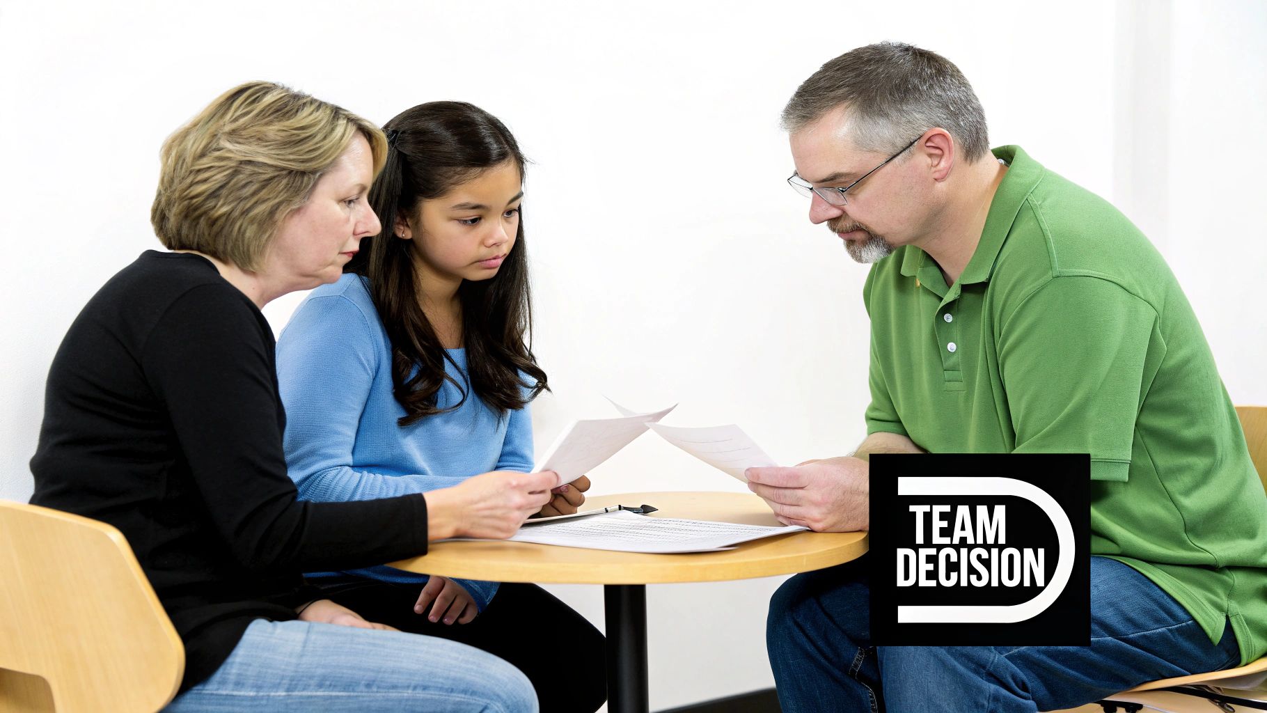 Two adults and a child sit around a table, reviewing documents and making a team decision.