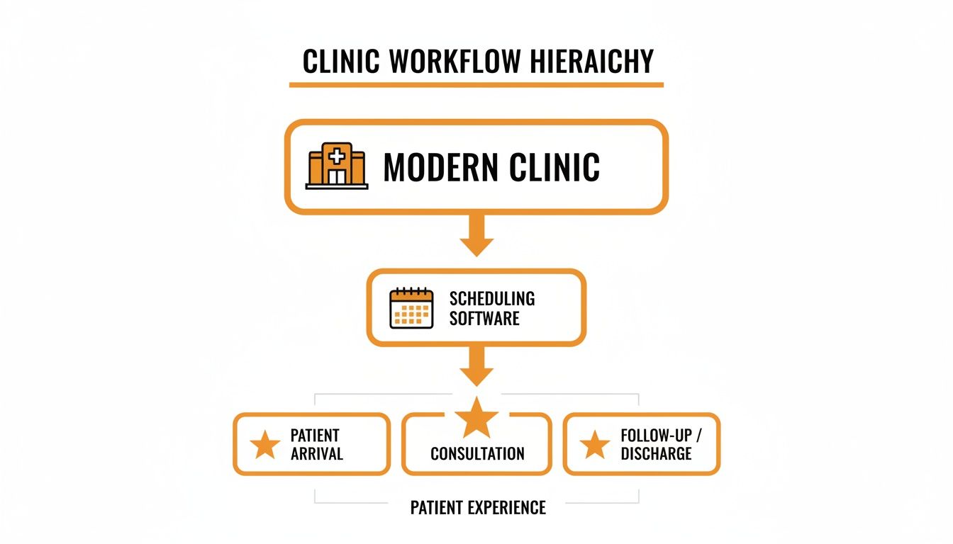 Flowchart detailing a modern clinic's patient workflow, including scheduling, arrival, consultation, and discharge.