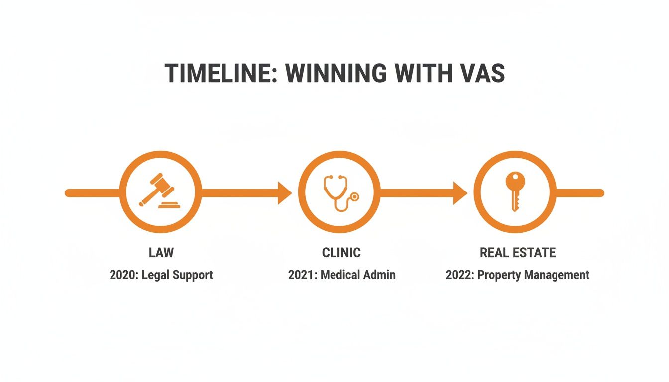 Timeline illustrating the expansion of virtual assistant services into law, clinic, and real estate sectors from 2020-2022.