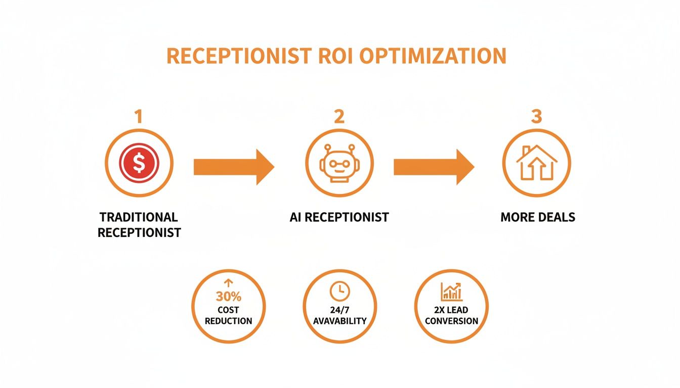 Visualizing AI receptionist benefits: 30% cost reduction, 24/7 availability, 2X lead conversion for more deals.